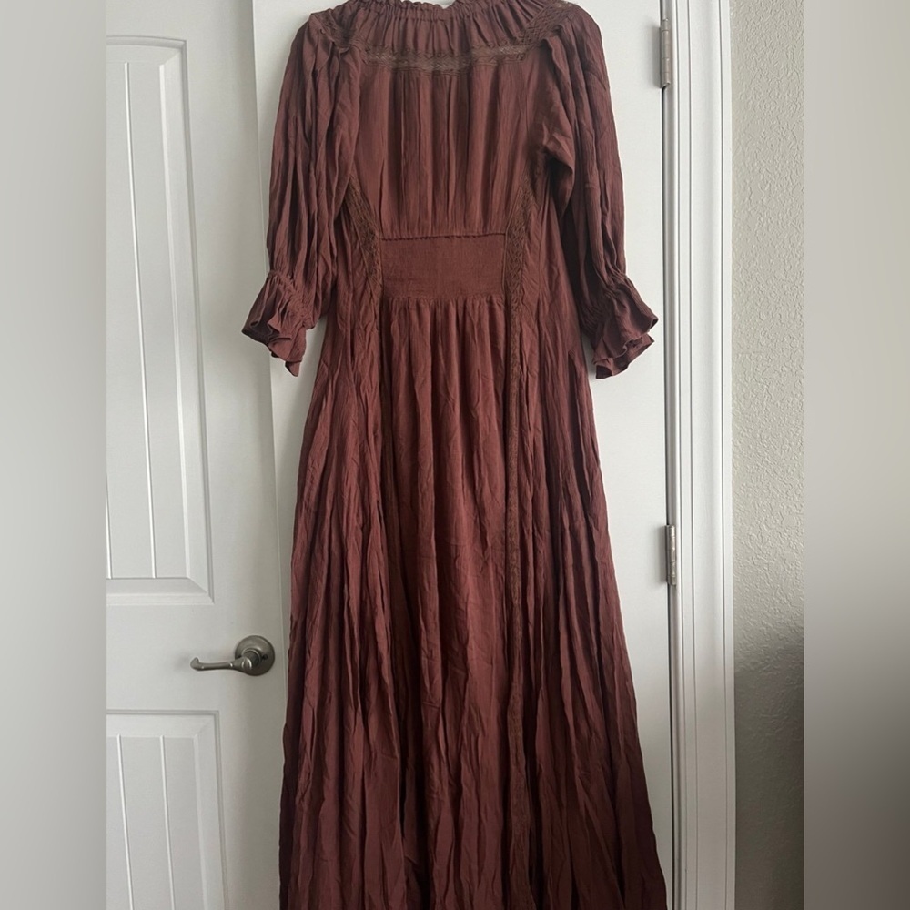 Free People magdalia romantic boho maxi dress size S bottom down puffy sleeve - Picture 6 of 13